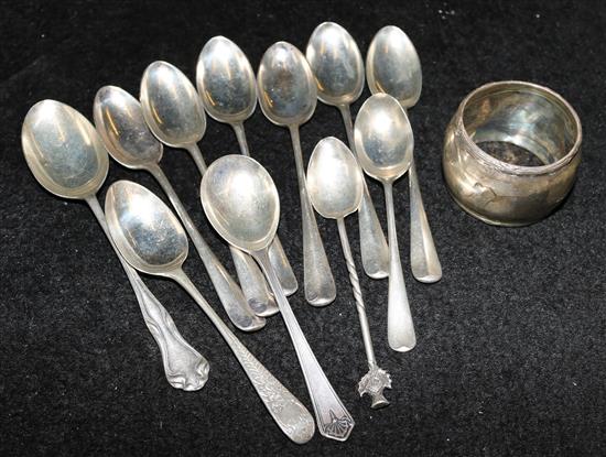 Group of silver spoons and napkin ring